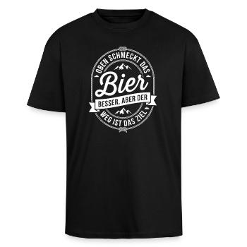 Oben schmeckt das Bier besser - Oversized Heavyweight Unisex T-Shirt - Schwarz - Vorne - Alina (178cm) & Michal (187cm)