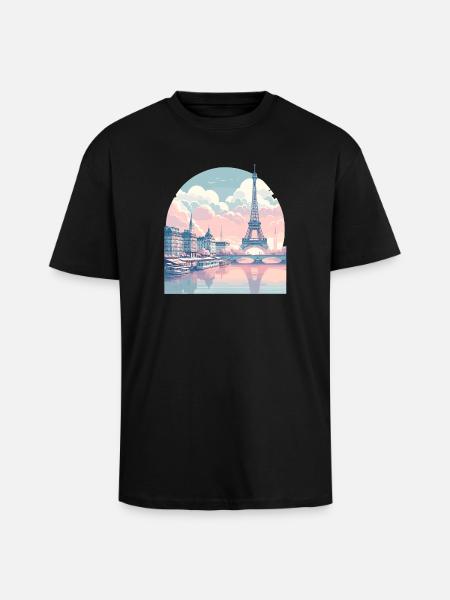 Pastel Paris: Skyline on the Seine - Unisex Oversized Heavyweight T-shirt - black