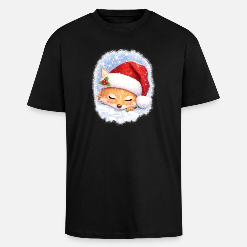 Sleeping fox with Christmas hat - Unisex Oversized Heavyweight T-shirt - black