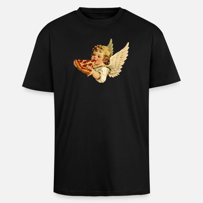 Pizza Cherub – Ängel med pepperoni - Unisex oversized t-shirt i kraftig kvalitet - svart