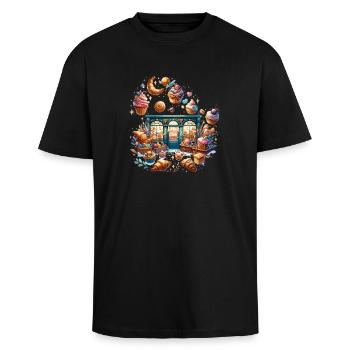 Whimsische Bäckerei-Traum - Oversized Heavyweight Unisex T-Shirt - Schwarz - Vorne - Alina (178cm) & Michal (187cm)