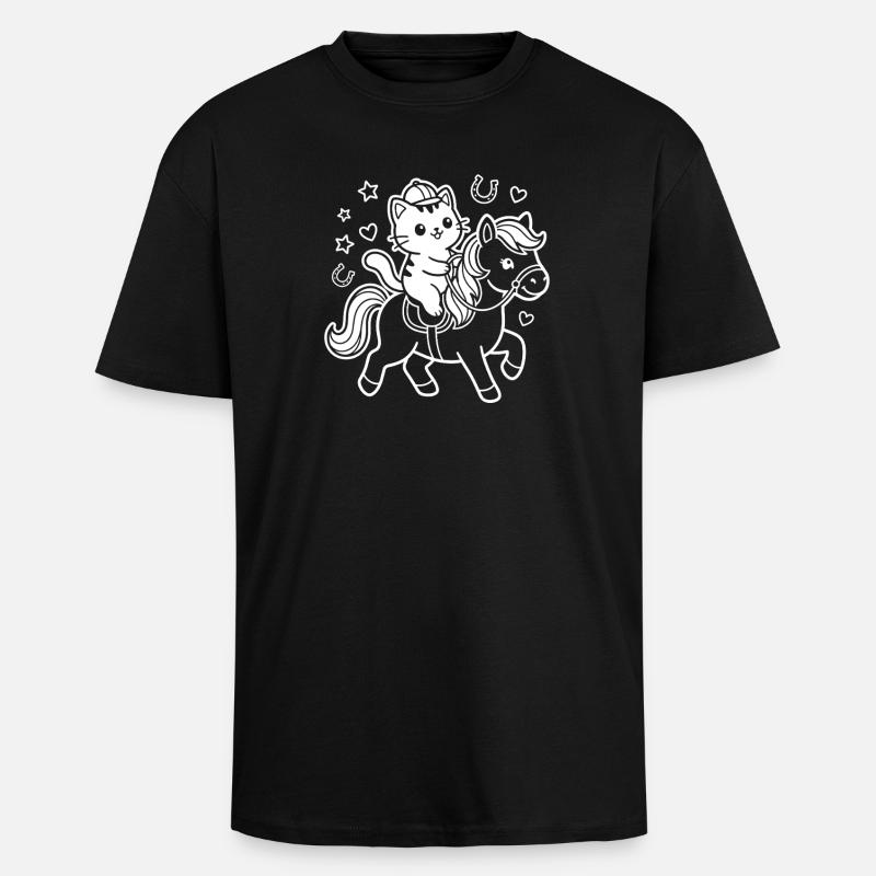 Kawaii Katze auf Pferd - Oversized Heavyweight Unisex T-Shirt - Schwarz