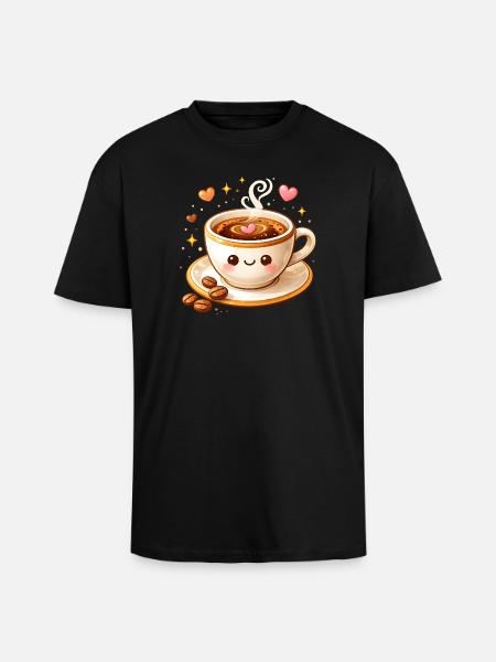 Cute Coffee Mug with Face Illustration - Unisex Oversized Heavyweight T-shirt - black