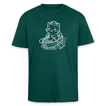 Sailor Kawaii Cat Rowing - Unisex Oversized Heavyweight T-shirt - hunter green - Front - Alina (178cm) & Michal (187cm)