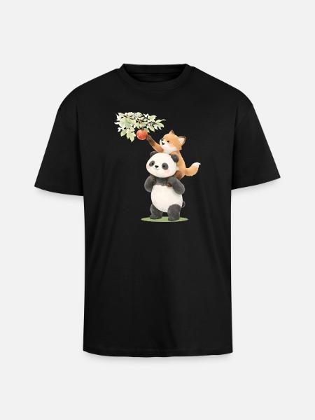 Panda und Fuchs mit Apfel Illustration - Oversized Heavyweight Unisex T-Shirt - Schwarz