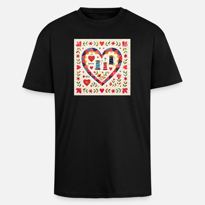 Cœur patchwork avec des fils - T-shirt unisexe oversize épais - noir