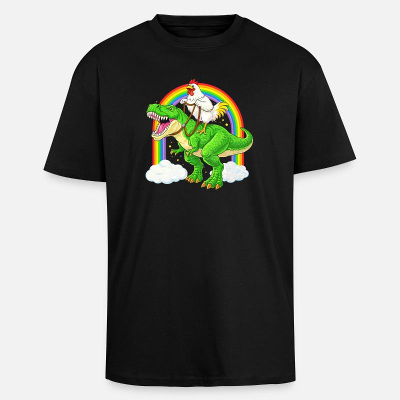 Chicken Riding T-Rex Dinosaur Rainbow - Unisex Oversized Heavyweight T-shirt - black