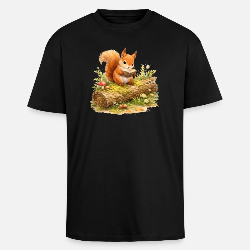 Squirrel Reading Book Illustration - Unisex Oversized Heavyweight T-shirt - black