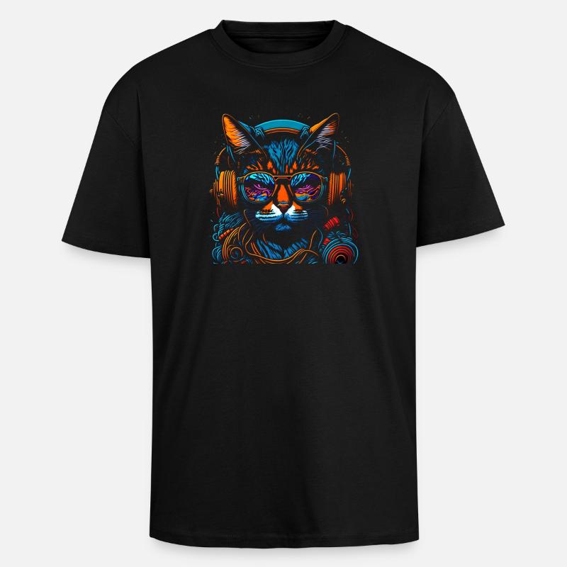 Neon DJ-Katze mit Kopfhörern - Oversized Heavyweight Unisex T-Shirt - Schwarz