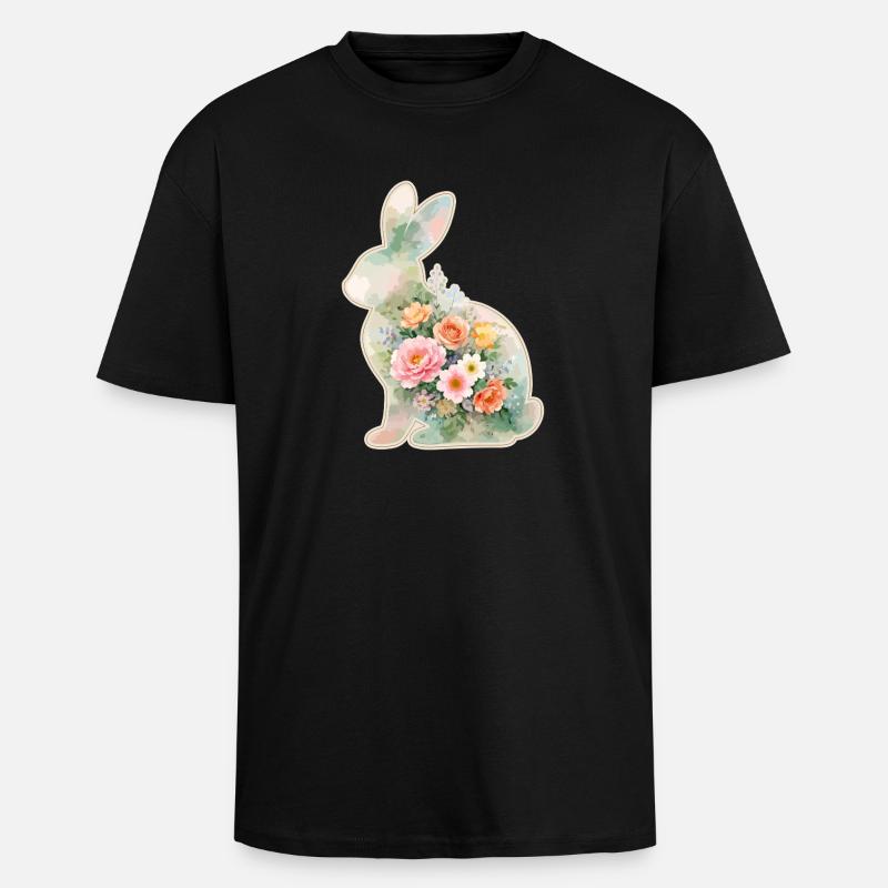 Fleurs aquarelles de lapin à Pâques - T-shirt unisexe oversize épais - noir