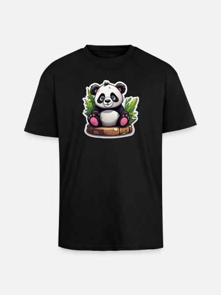 Cartoon Panda Sitting On Bamboo - Unisex Oversized Heavyweight T-shirt - black