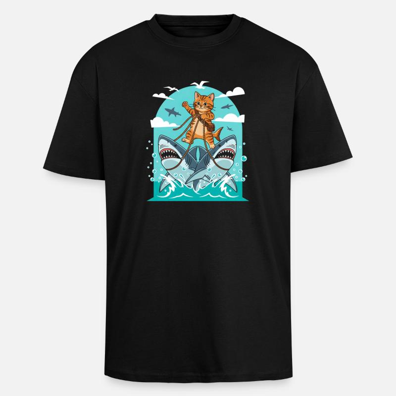 Kätzchen auf Haiabenteuer - Oversized Heavyweight Unisex T-Shirt - Schwarz