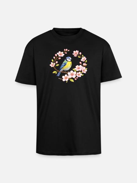 Blue with Cherry Blossoms Spring Motif - Unisex Oversized Heavyweight T-shirt - black