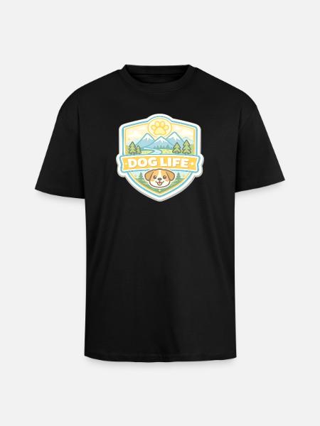 Dog Life Mountain Landscape Badge - Unisex Oversized Heavyweight T-shirt - black