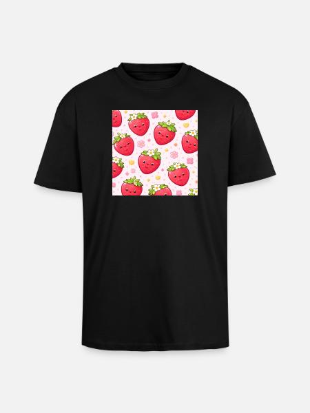 Kawaii Strawberry Polka Dot Pattern Pink - Unisex Oversized Heavyweight T-shirt - black