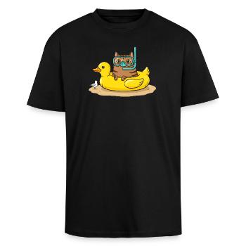 Taucherkatze auf Gummi Ente - Oversized Heavyweight Unisex T-Shirt - Schwarz - Vorne - Alina (178cm) & Michal (187cm)