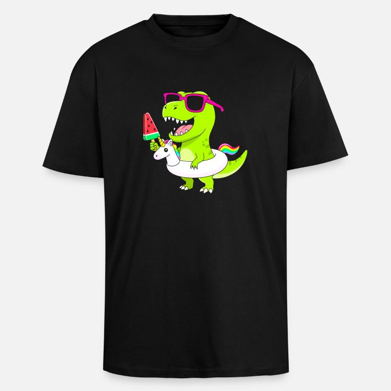 Neon-Dino mit Eis und Einhorn - Oversized Heavyweight Unisex T-Shirt - Schwarz