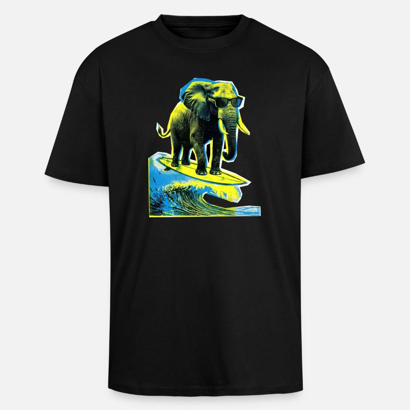Elefant Surfer - Oversized Heavyweight Unisex T-Shirt - Schwarz