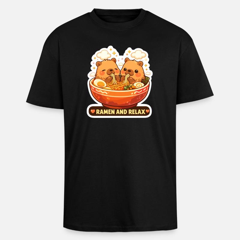 Capybara Ramen & Relax Sticker - Unisex Oversized Heavyweight T-shirt - black