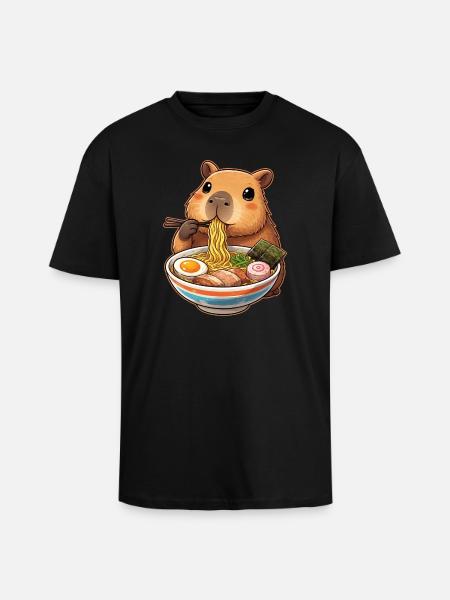 Capybara Eats Ramen Noodles - Unisex Oversized Heavyweight T-shirt - black