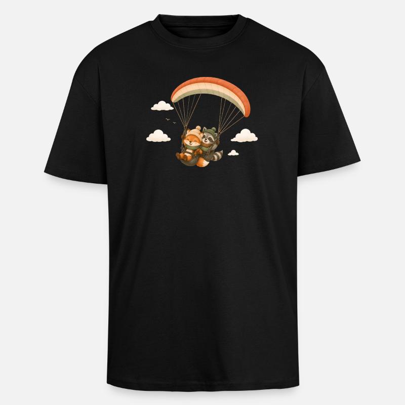 Tandem Flight Fox Raton Laveur Cartoon - T-shirt unisexe oversize épais - noir
