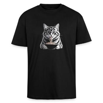 Cat Eats Ramen - Unisex Oversized Heavyweight T-shirt - black - Front - Alina (178cm) & Michal (187cm)