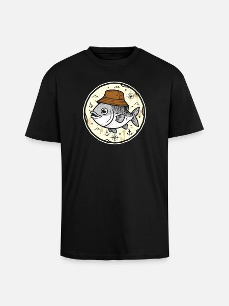 Fisch mit Hut im Nautik-Rundlogo - Oversized Heavyweight Unisex T-Shirt - Schwarz