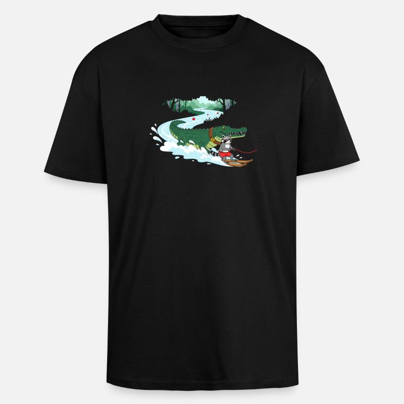 Crocodile Surfeur et Compagnon Chat - T-shirt unisexe oversize épais - noir