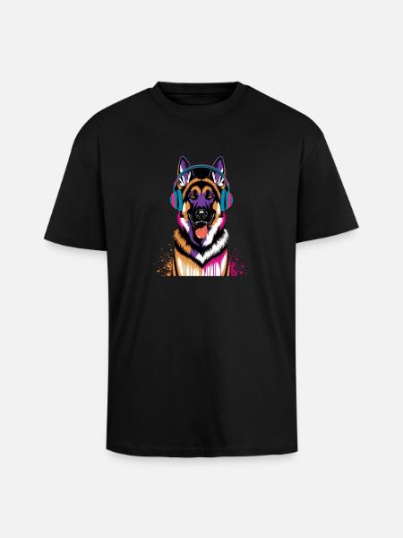 Deutscher Schäferhund mit Kopfhörer - Oversized Heavyweight Unisex T-Shirt - Schwarz