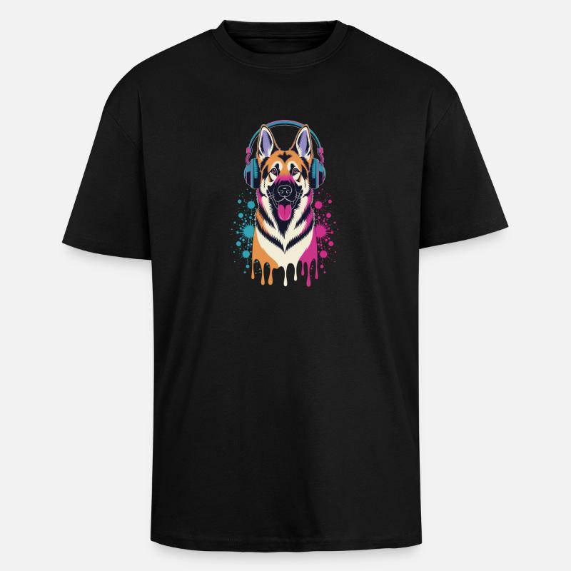 Deutscher Schäferhund mit Kopfhörer - Oversized Heavyweight Unisex T-Shirt - Schwarz