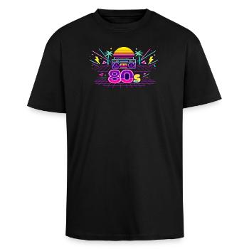 Neon 80s Boombox Sunset - Unisex Oversized Heavyweight T-shirt - black - Front - Alina (178cm) & Michal (187cm)