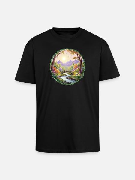 Frühlingsfarbene Landschaftsbrücke - Oversized Heavyweight Unisex T-Shirt - Schwarz