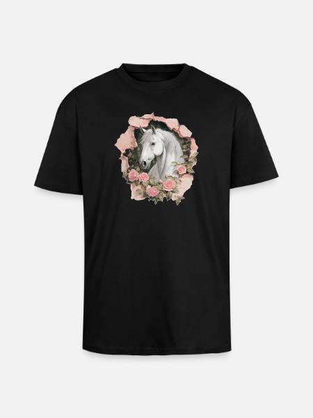 Pferd mit Rosen - Oversized Heavyweight Unisex T-Shirt - Schwarz