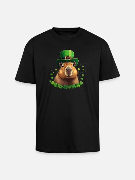 Shamrock Capybara under St Patrick's Hat - Unisex Oversized Heavyweight T-shirt - black
