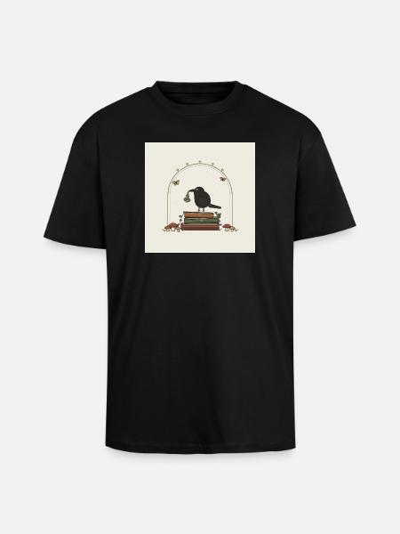 Crow on books with flowers - Unisex Oversized Heavyweight T-shirt - black