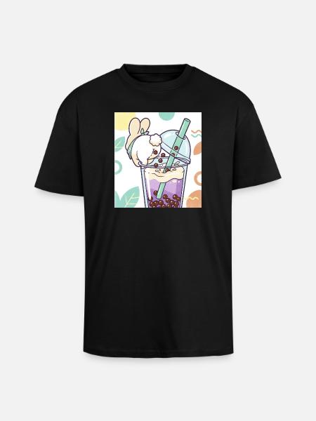 Cute Bunny Funny Boba Bubble Tea - Unisex Oversized Heavyweight T-shirt - black