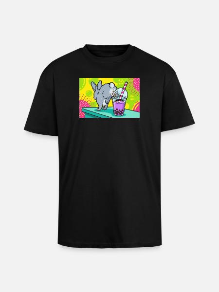 Cute Bunny Funny Boba Bubble Tea - Unisex Oversized Heavyweight T-shirt - black