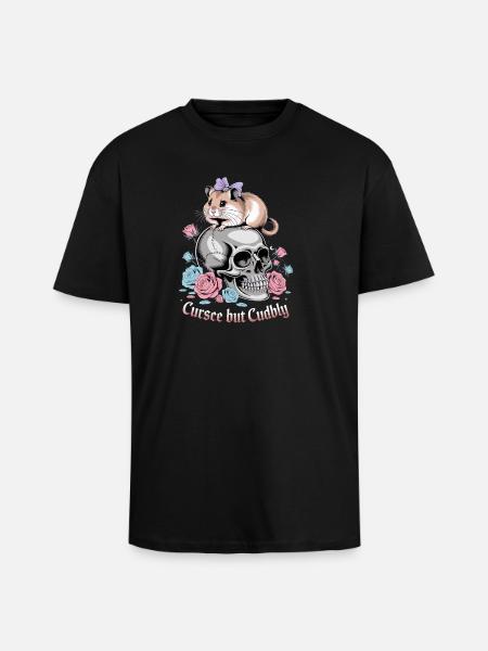 Curse But Cuddly Hamster On Skull - Unisex Oversized Heavyweight T-shirt - black