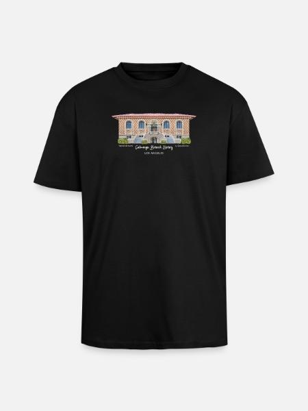 Los Angeles, Hand Drawing Cahuenga Library, - Unisex Oversized Heavyweight T-shirt - black