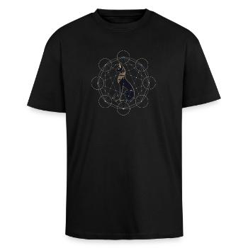 Egyptian Cat Sacred Geometry - Unisex Oversized Heavyweight T-shirt - black - Front - Alina (178cm) & Michal (187cm)