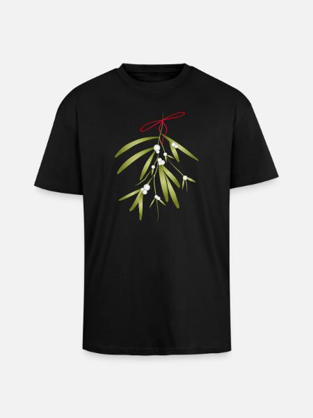 Festively illustrated mistletoe & white berries - Unisex Oversized Heavyweight T-shirt - black