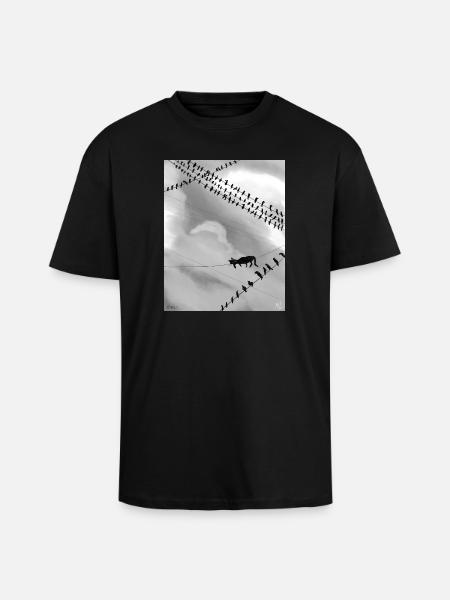 Monochrome cat on Power Lines - Unisex Oversized Heavyweight T-shirt - black