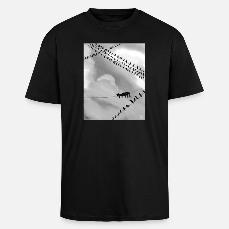 Monochrome Katze auf Stromleitungen - Oversized Heavyweight Unisex T-Shirt - Schwarz