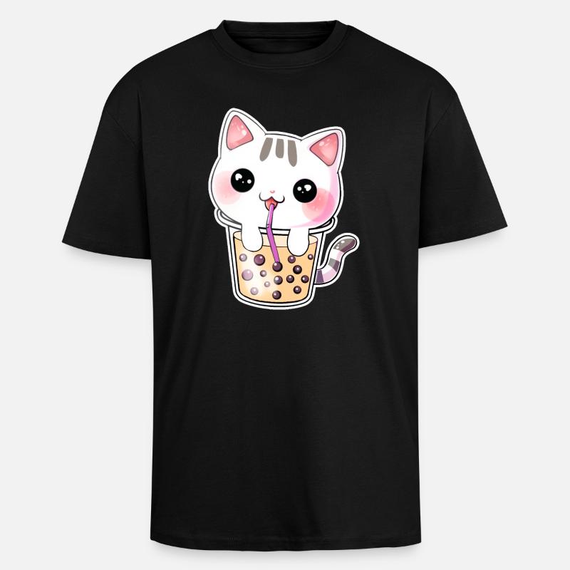 Kawaii Bubble Tea Katze - Oversized Heavyweight Unisex T-Shirt - Schwarz