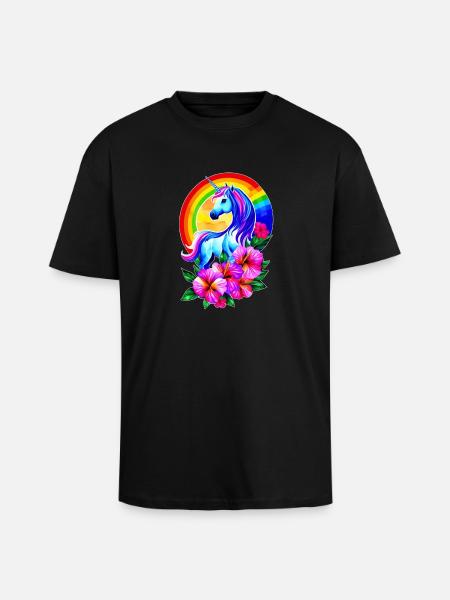 Magisches Regenbogen-Einhorn mit Blumen - Oversized Heavyweight Unisex T-Shirt - Schwarz