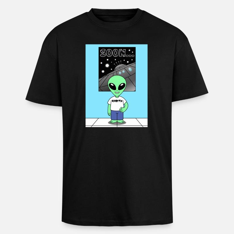 Alien devant le vaisseau spatial Terre - T-shirt unisexe oversize épais - noir