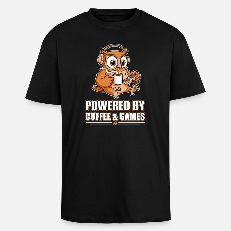 Eule mit Kaffee und Games - Oversized Heavyweight Unisex T-Shirt - Schwarz