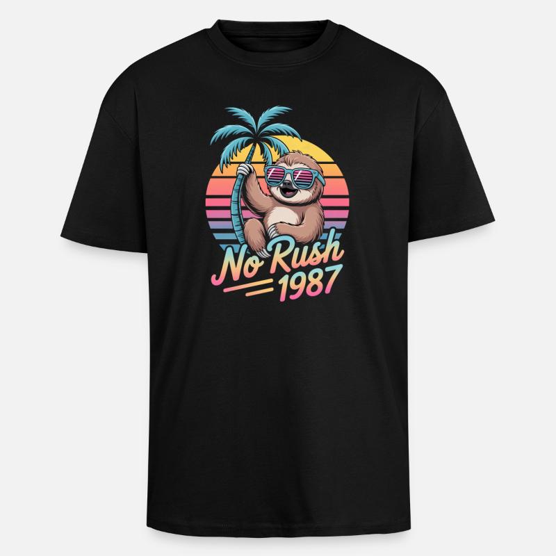 No Rush 1987 Sloth Retro Sunset - T-shirt unisexe oversize épais - noir