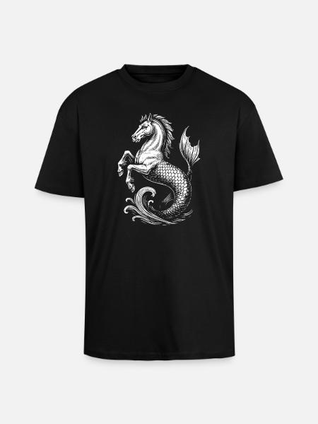 Mythical Hippocampus, Sea Stallion Illustration - Unisex Oversized Heavyweight T-shirt - black