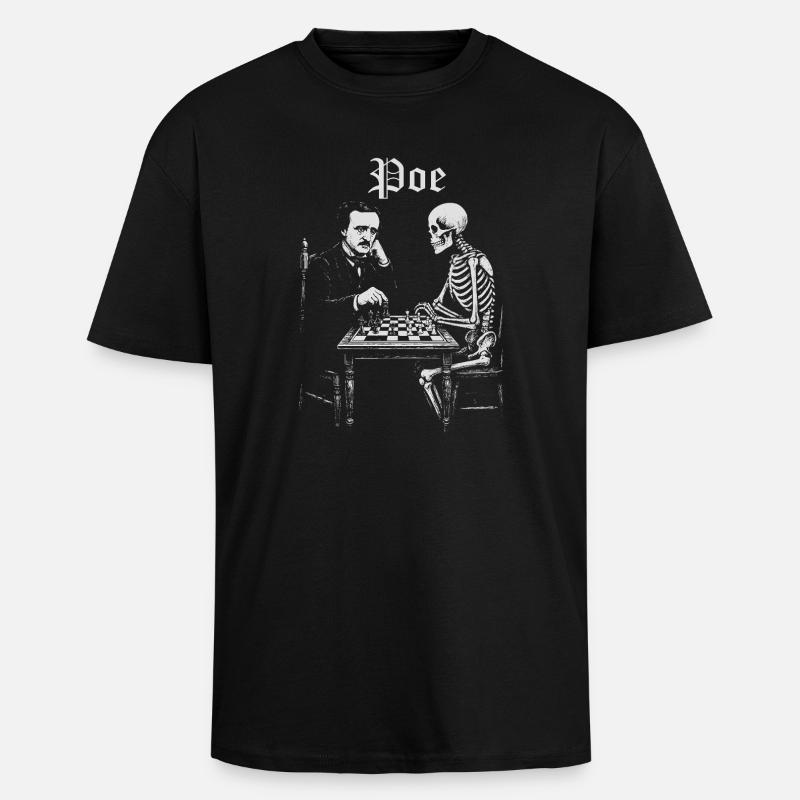 Poe and Skeleton Chess Duel - Unisex Oversized Heavyweight T-shirt - black